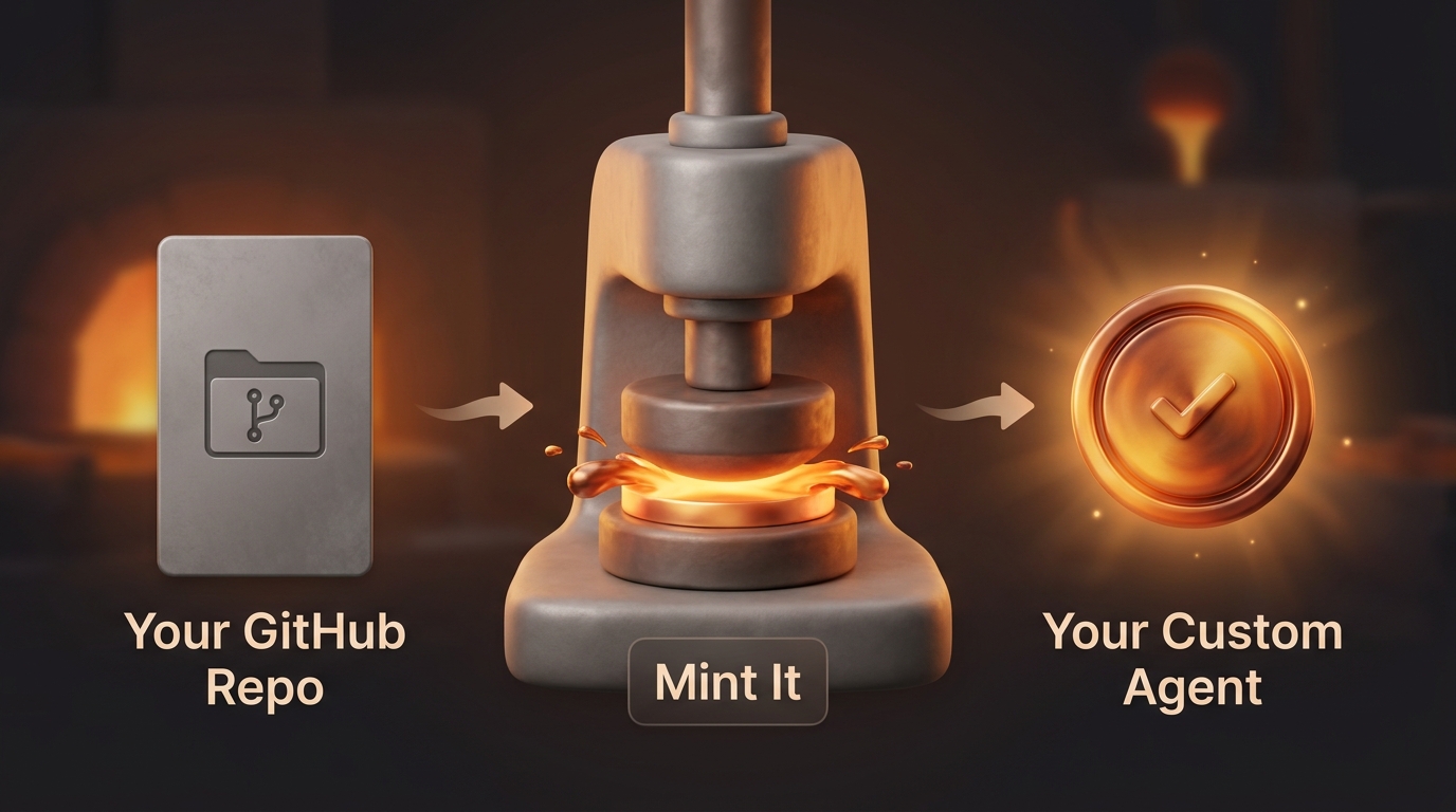 A dull grey metal plate labelled Your GitHub Repo on the left, a glowing mint press labelled Mint It in the centre, and a warm amber coin labelled Your Custom Agent on the right — the repo goes in, gets stamped, and comes out as a finished branded agent you own.