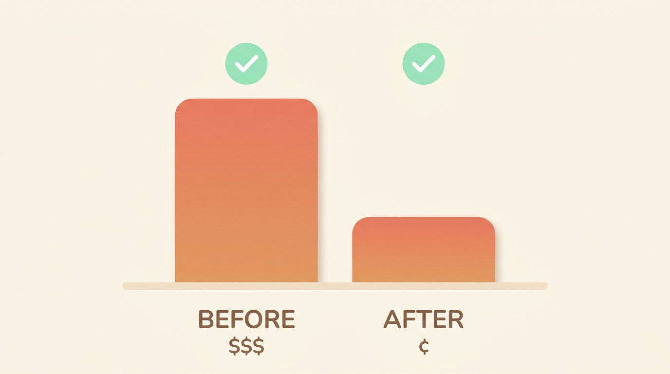 A simple bar chart on a light cream background: a tall BEFORE bar marked with three dollar signs next to a much shorter AFTER bar marked with a cent sign, each topped by an identical green checkmark to show the quality is the same.