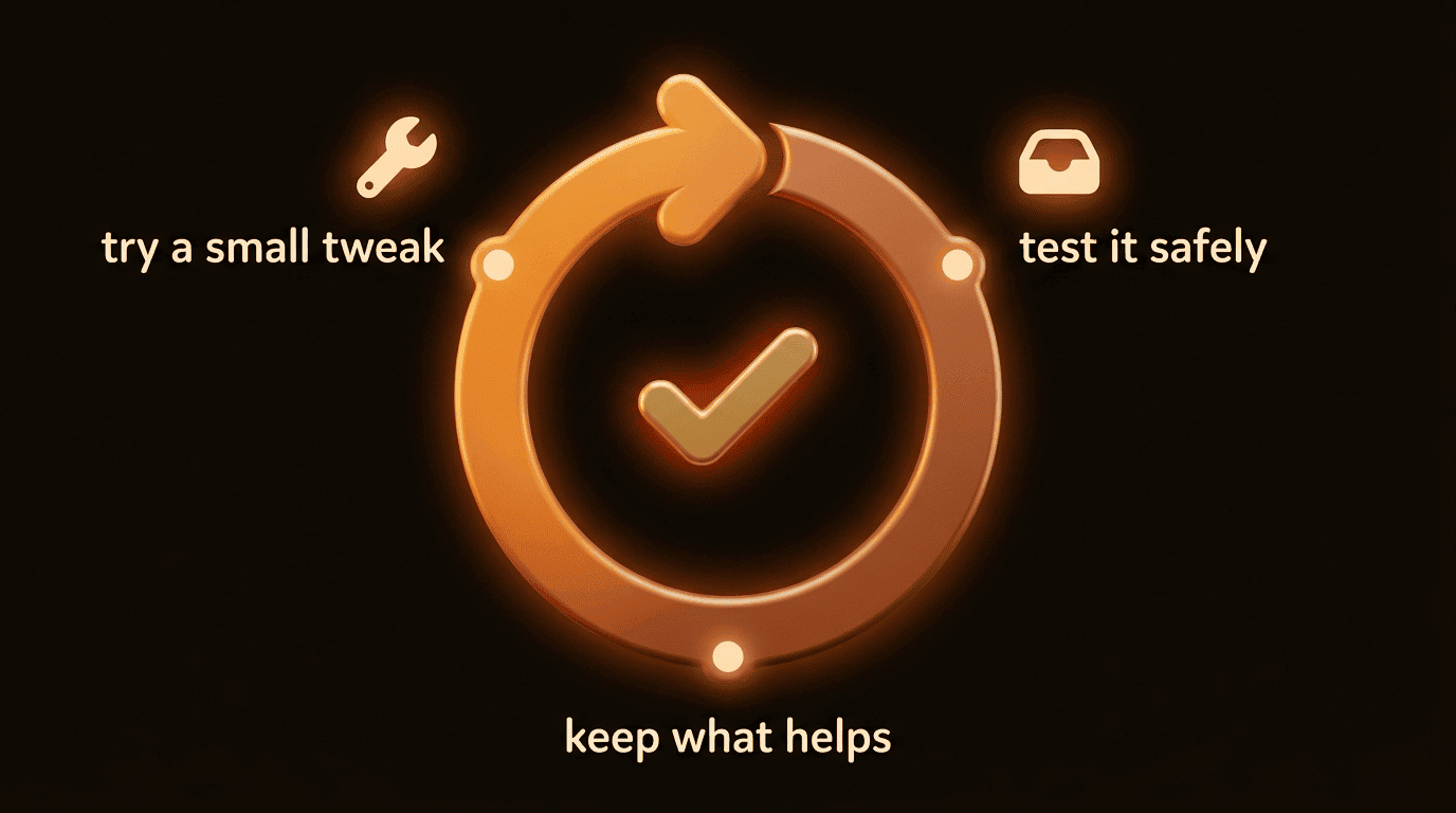 A warm circular loop of molten metal with three steps around it — try a small tweak, test it safely, keep what helps — and a glowing checkmark in the centre.